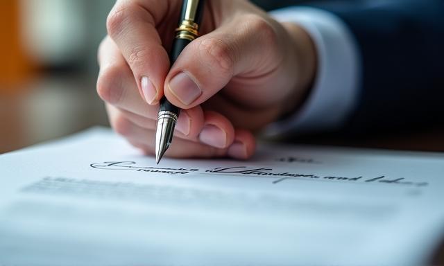 Close up of a hand signing a structured legal contract with high-quality fountain pen