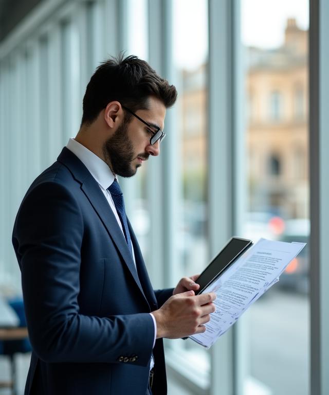 Professional legal consultant reviewing regulatory documents in a modern London office